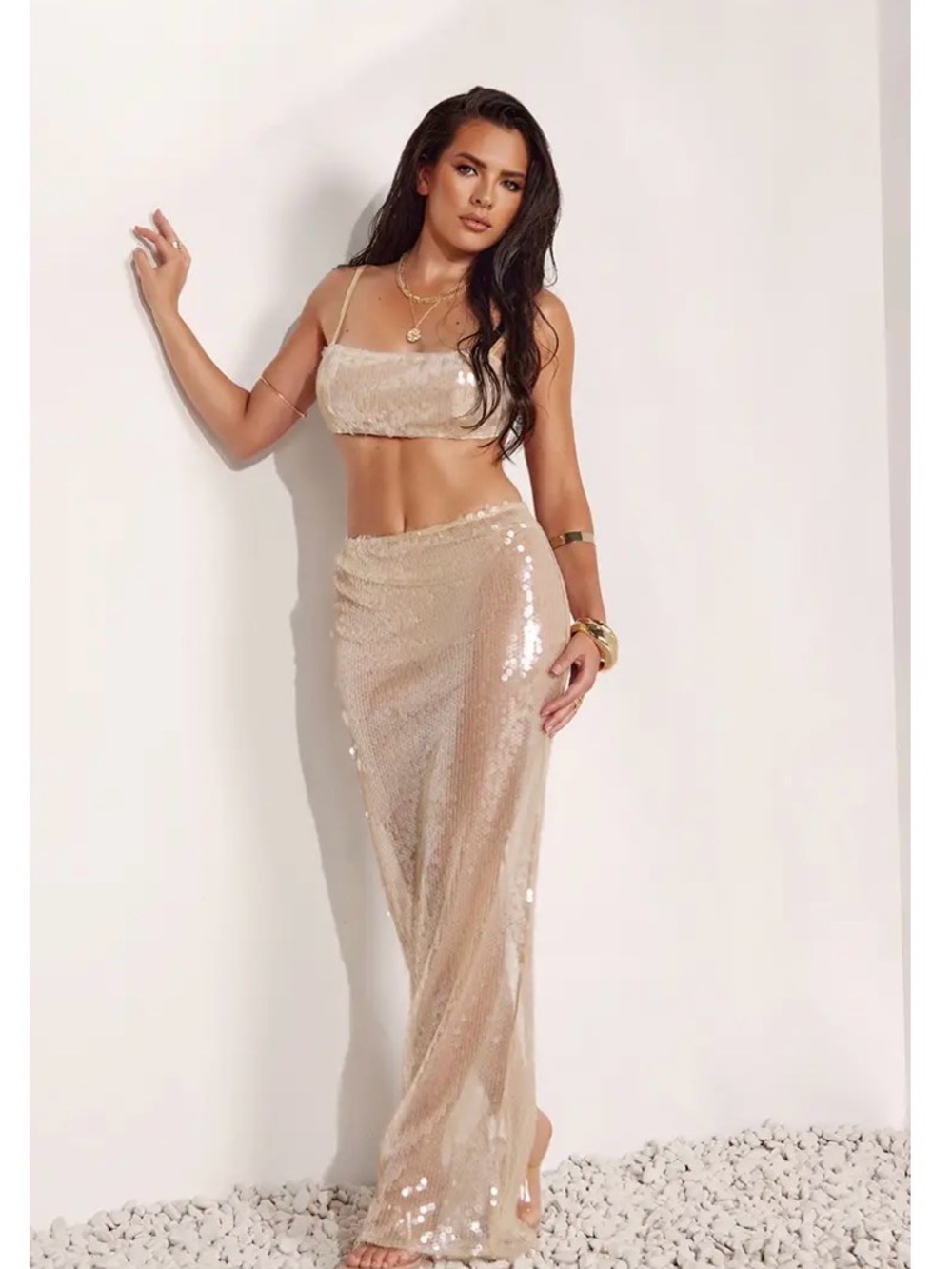 PrettyLittleThing Champagne Sequin Maxi Skirt